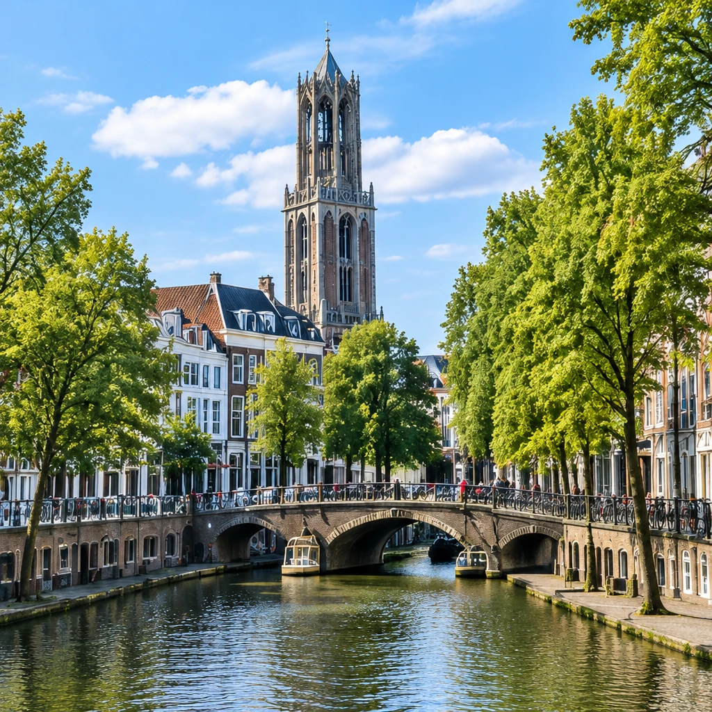 Grachtenpand en Domtoren in Utrecht aan het water, in helder daglicht