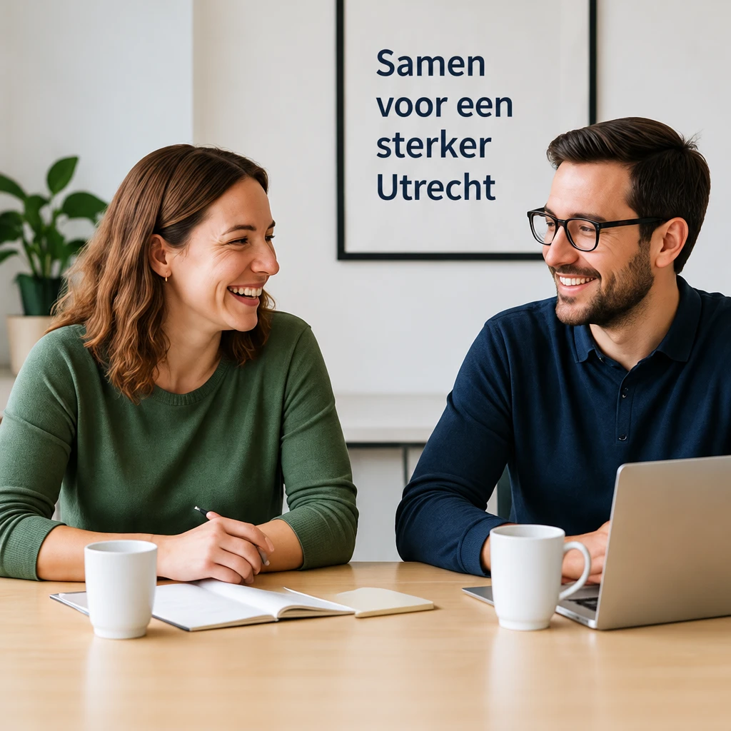 Twee collega's in gesprek aan een tafel met koffie en een laptop